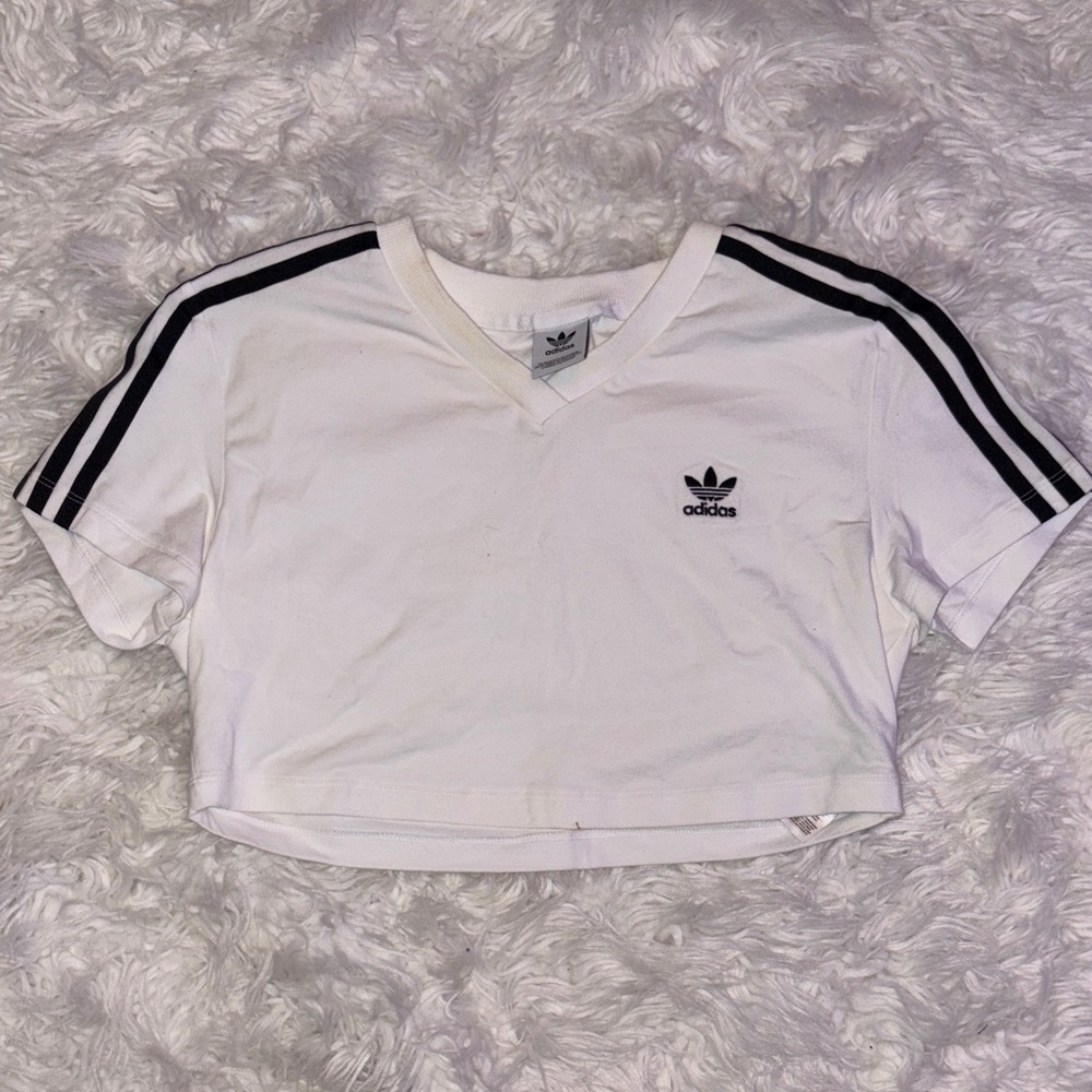 Adidas Women's White and Black Striped Crop Top